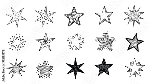 Large collection of fifteen unique hand drawn star doodles in various styles and patterns on a plain white background.