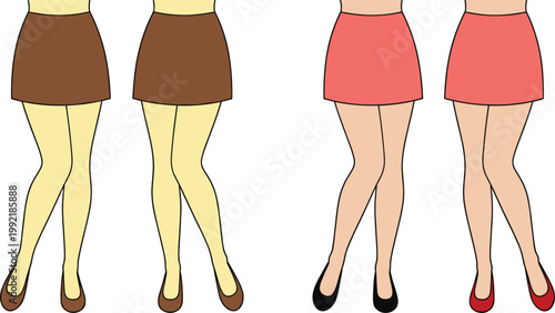 Female legs in skirt illustration set showing different poses fashion style and body posture variations