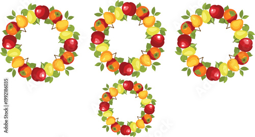 Fruit Wreath Vector Set with Apples Oranges Leaves and Decorative Round Frames Autumn Harvest Illustration Collection