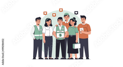 Diverse Group of Volunteers Standing Together with Social Media Icons.