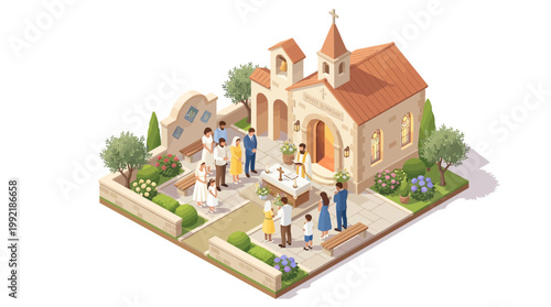 Isometric 3D illustration of a wedding ceremony taking place outside a church with guests