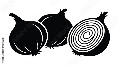 Black silhouettes of three onions one cut open isolated on white silhouette