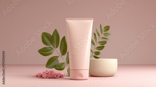 Product display with cream tube and natural elements on soft background