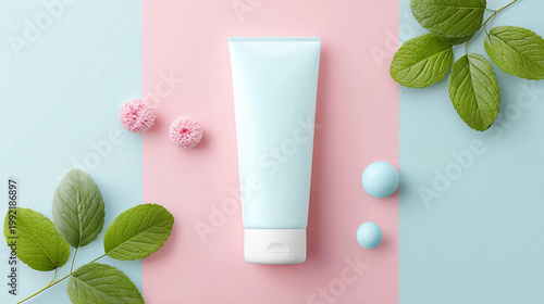 Skin care products displayed with green leaves on a pastel backdrop