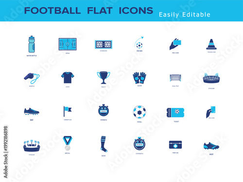 Football Flat Icons Set - Easily Editable Soccer Symbols Collection Vector Illustration