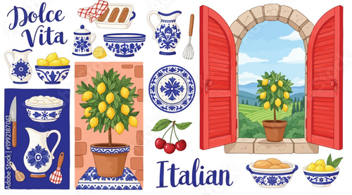 Italian dolce vita themed collection with lemons, ceramic pottery, and open window view