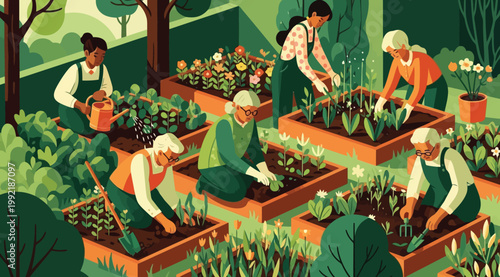 Diverse group of people gardening in raised beds in a community garden