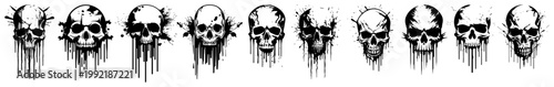 Human Skulls Collection with Ink Splatter and Melting Drip Effect, Dark Gothic Grunge Tattoo Art Illustration, Death Symbols
