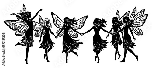 Group of Magical Fairies Dancing in Circle Silhouette, Mythical Winged Nymphs and Pixies Vector Illustration, Fantasy Garden Concept