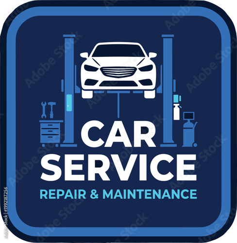 A car service logo with a car on a lift and tools around it for repair and maintenance