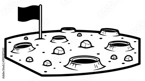 Lunar Surface Landscape with Craters and Flag, Moon Landing Concept Vector Illustration, Space Exploration Line Art