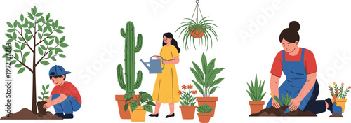 Gardening People Vector Set with Planting Watering and Home Garden Activities Illustration Collection