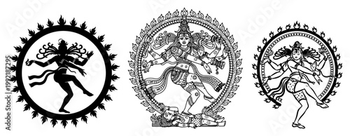 Shiva Nataraja Lord of the Dance Vector Set, Hindu God Dancing in Cosmic Fire Mandala, Spiritual Indian Mythology Illustration