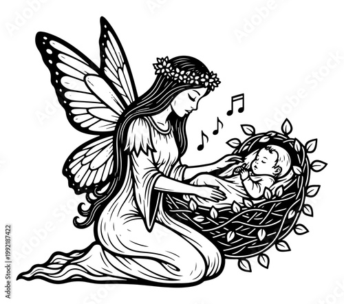 Magical Fairy Nymph Watching Over Sleeping Baby in Nest, Fantasy Motherhood Lullaby Illustration with Music Notes