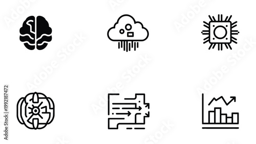 Decoding the Digital World: A curated collection of conceptual icons representing the core elements of the digital realm, from artificial intelligence to data analysis.