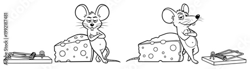 Funny Cartoon Mouse Leaning on Cheese Near Mousetrap, Clever Rat Character Vector Illustration, Pest Control Concept