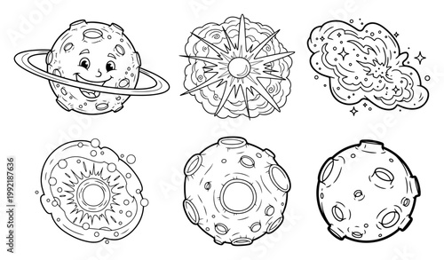 Cartoon Space and Planets Collection, Cute Saturn Moon Stars and Nebula Set for Kids, Astronomy Science Concept