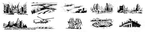 War and Military Conflict Sketches Collection, Destroyed City Ruins Soldiers and Military Vehicles Vector Set