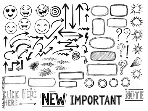 Hand-drawn doodle graphics pack featuring arrows, expressive smileys, various frames, and essential text elements for creative design projects and engaging visual content creation