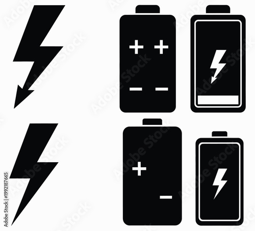 Collection of electric energy symbols, including lightning bolts and battery icons representing power and charge