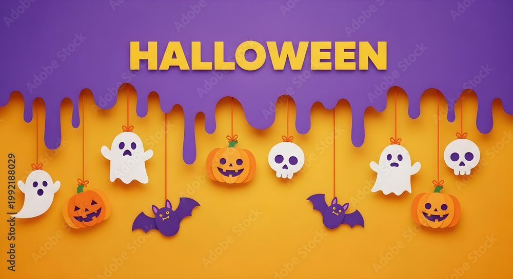 Fototapeta premium Spooky happy halloween festive orange and purple background with hanging ghost and pumpkin decorations