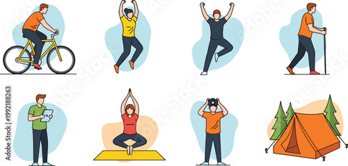 Active Lifestyle and Outdoor Activities Vector Set Featuring Cycling, Dancing, Yoga, Photography, Hiking, Reading, and Camping Characters in Flat Modern Illustration Style