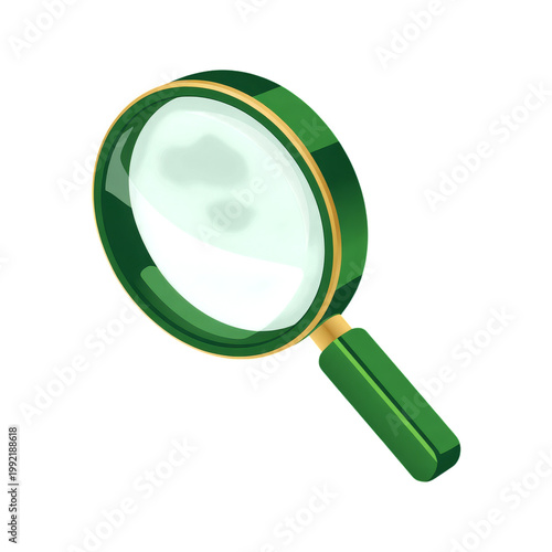 3D rendering of green magnifying glass with golden rim isolated on transparent background