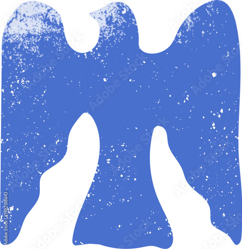 Blue bird with spread wings design element for summer. Animal element isolated on white background. Grunge texture wall art.