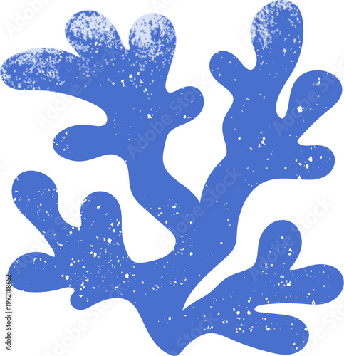 Blue sea coral design element for summer. Marine element isolated on white background. Grunge texture wall art.