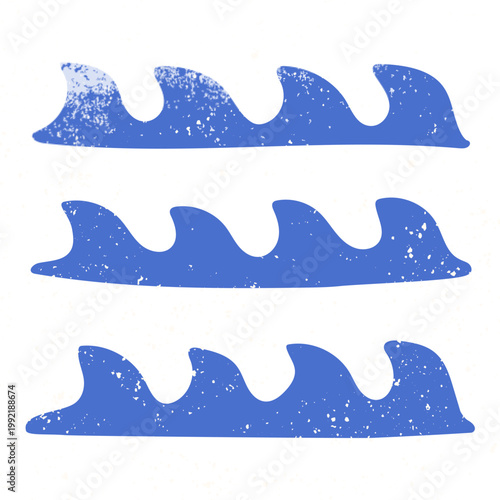 Blue sea waves design element for summer. Sea isolated on white background. Grunge texture wall art.