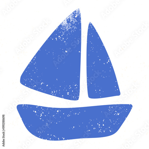 Blue sailing yacht design element for summer. Boat isolated on white background. Grunge texture wall art.