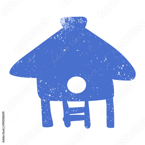 Blue bungalow design element for summer. Beach cottage isolated on white background. Grunge texture wall art.