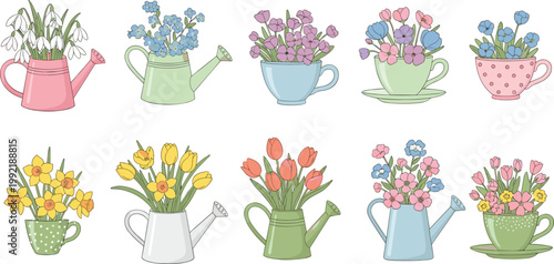 Cute Flower Arrangement Vector Set with Teacups Watering Cans Tulips Daffodils and Spring Floral Decoration Illustration Collection