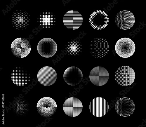 Circle texture shape. Pattern from lines, dots. Round form, geometric gradient black and white. Halftone radial logo. Spiral wave effect, pulse. Vector dynamic garish graphic optical elements set