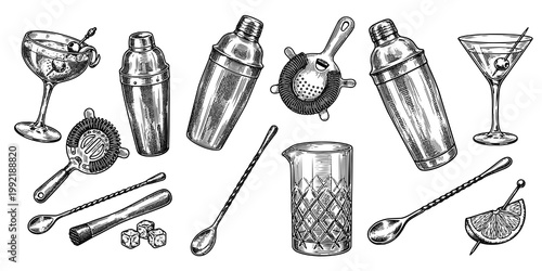 Cocktail Bar Objects Engraving Illustration Set