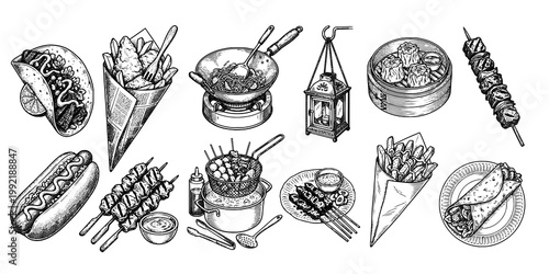 Street Food Objects Engraving Illustration Set