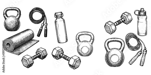 Cuadro en lienzo Fitness Lifestyle Objects Engraving Set