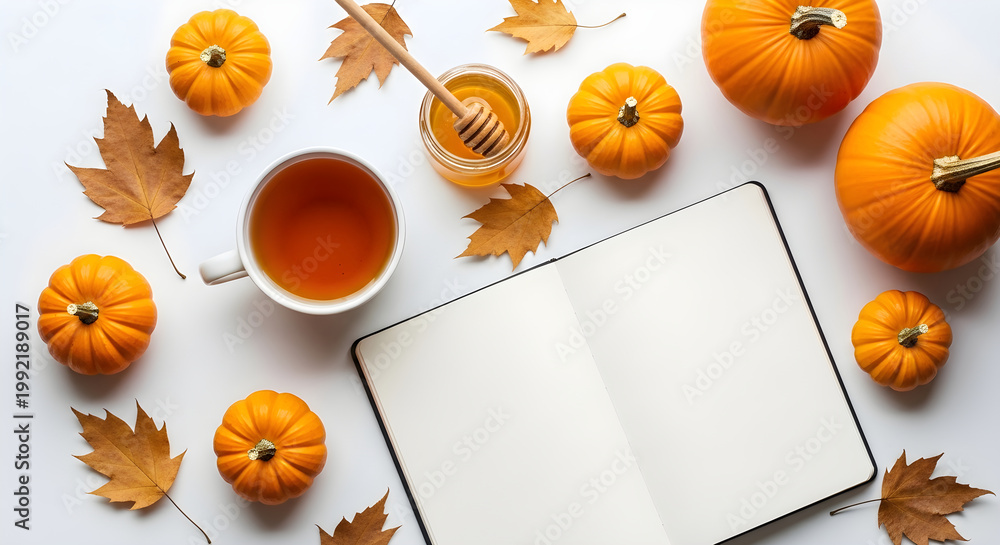 Fototapeta premium Happy halloween pumpkin spice festive autumn flatlay with pumpkins leaves tea and blank journal
