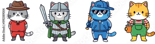 Cute Cat Characters Vector Set Featuring Cowboy, Knight, Baseball Player and Farmer Costumes in Cartoon Style Isolated on White Background