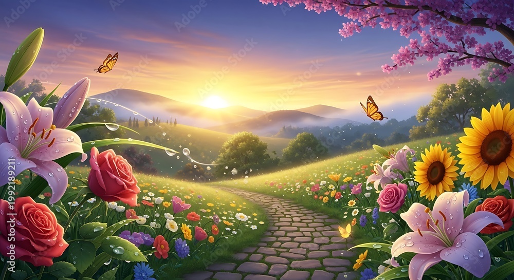 Naklejka premium Vibrant fantasy garden path with flowers and butterflies at sunrise
