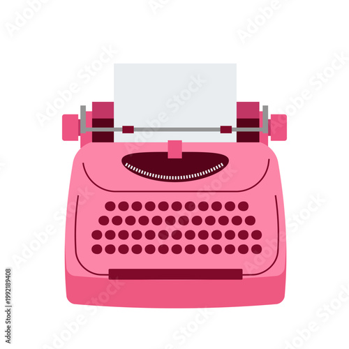 Pink vintage typewriter with blank paper retro writing machine icon isolated on white background for blogger office and love notes