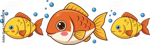 Cute Cartoon Fish Vector Illustration Set Featuring Colorful Aquarium Fish Characters with Bubbles in Fun Underwater Style Isolated on White Background