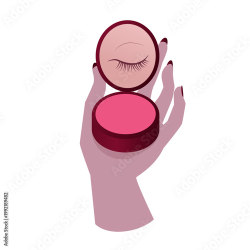 Hand holding open makeup compact with mirror and pink blush cosmetic accessory isolated on white background for beauty branding