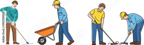 Construction Workers Cleaning and Maintenance Vector Illustration Set Featuring Laborers Sweeping, Scraping and Transporting Materials with Tools Isolated on White Background