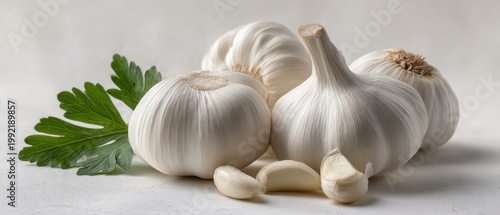 The Garlic Bulbs and Cloves with Parsley Leaf on Minimal White Background
