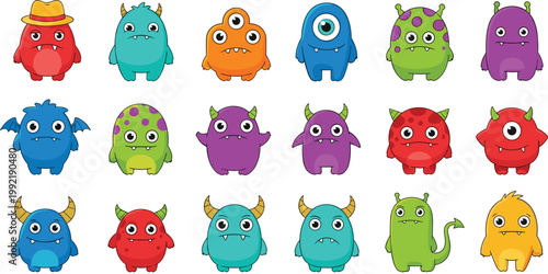 Cute Monster Character Vector Set with Colorful Cartoon Creatures Funny Aliens and Kids Mascot Illustration Collection