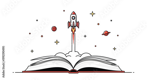 Rocket ship launching from open book into starry space vector illustration isolated on white background