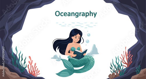 Cute cartoon mermaid reading book underwater with coral reef background illustration for children isolated on white background
