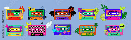 Cassette tape. 70s sticker. Colorful hipster music. Vintage audiocassette. Retro stereo icon. DJ disco sound. Nostalgia label, formats, audio culture. Vector tidy cartoon isolated illustration set