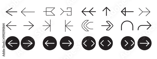Set of modern arrow icons and symbols in black, representing direction, movement, and navigation.
